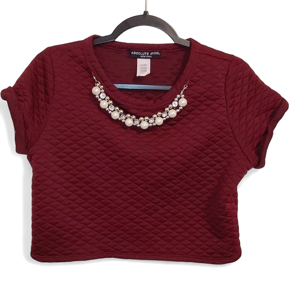 Absolute Angel Red Glam Pearl Rhinestone Necklace Crop Top